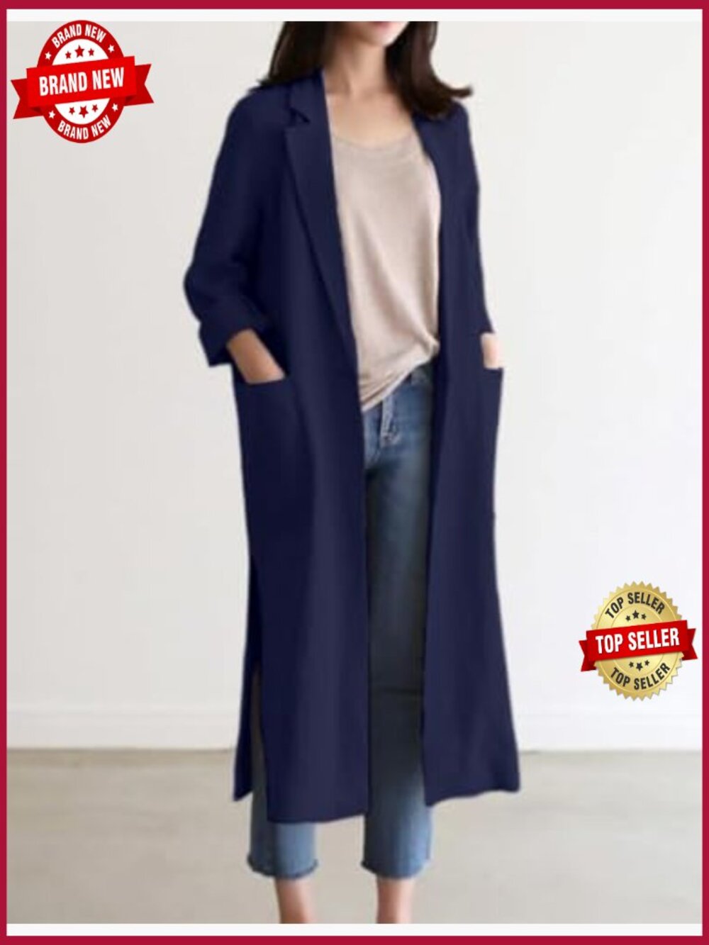 Long Linen Blazer Women Casual Spring Summer Jacket Trench Coat Lightweight - Picture 2 of 4